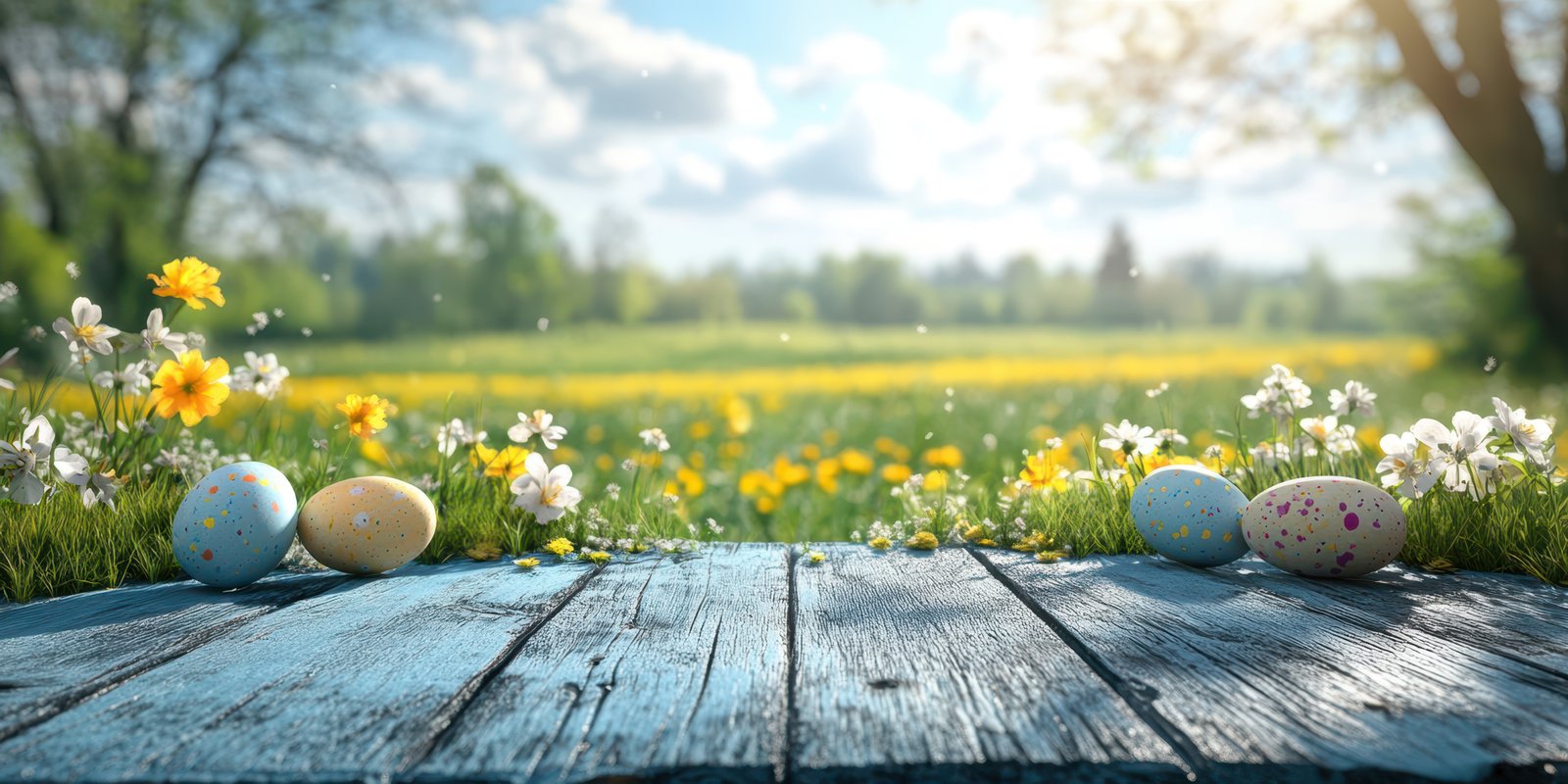 Spring celebration featuring decorated eggs and vibrant flowers in a sunlit meadow